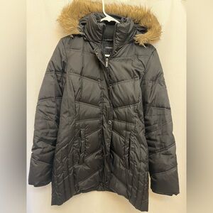 London Fog Women's Black Puffer Jacket with Faux Fur Hood